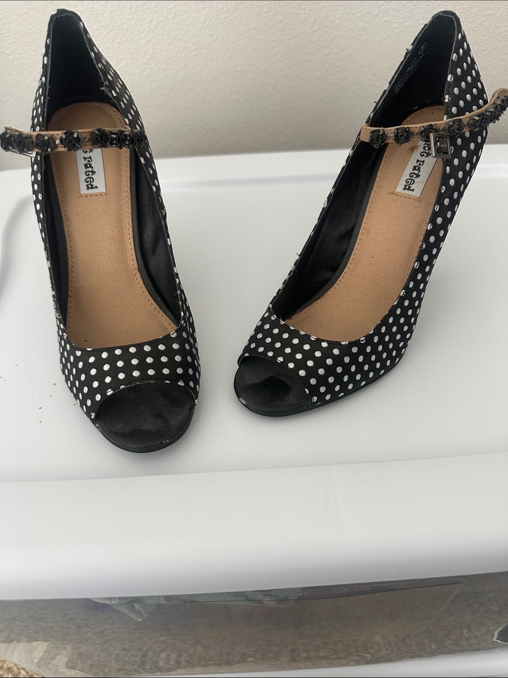 Not Rated Black and White Polka Dot Peep-Toe Mary Jane Heels